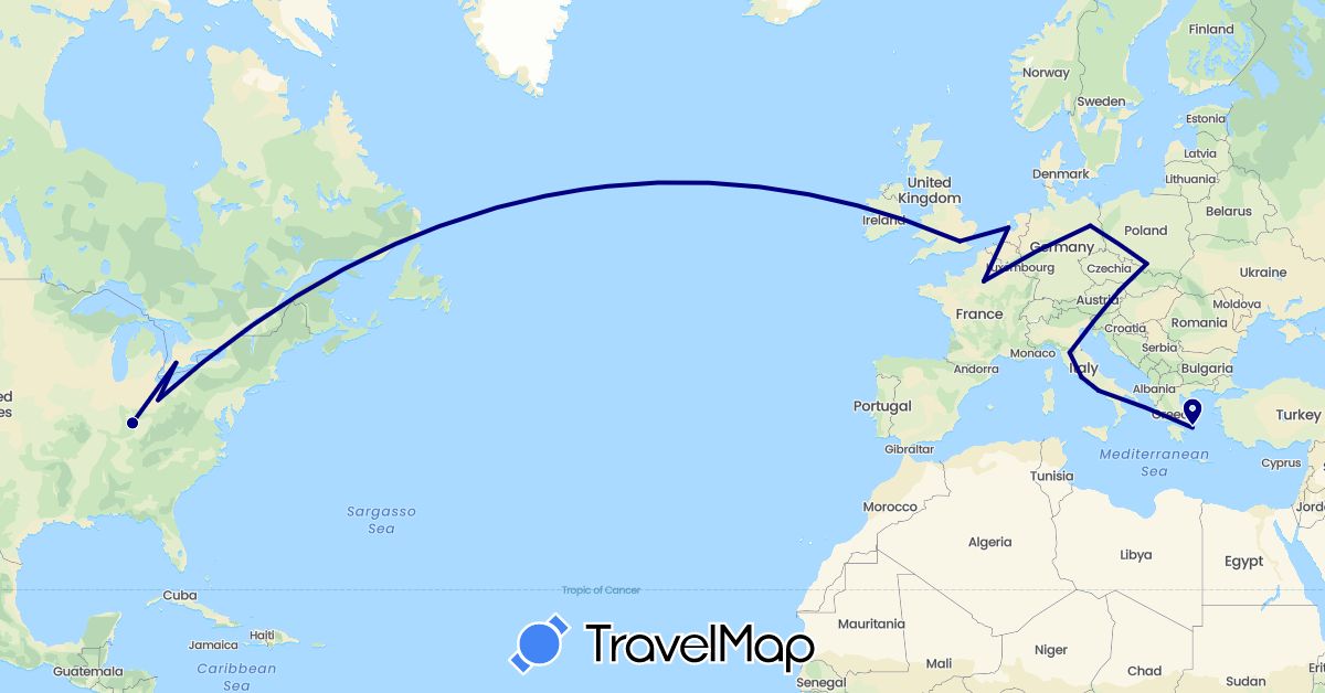 TravelMap itinerary: driving in Austria, Germany, France, United Kingdom, Greece, Ireland, Italy, Netherlands, Poland, United States (Europe, North America)